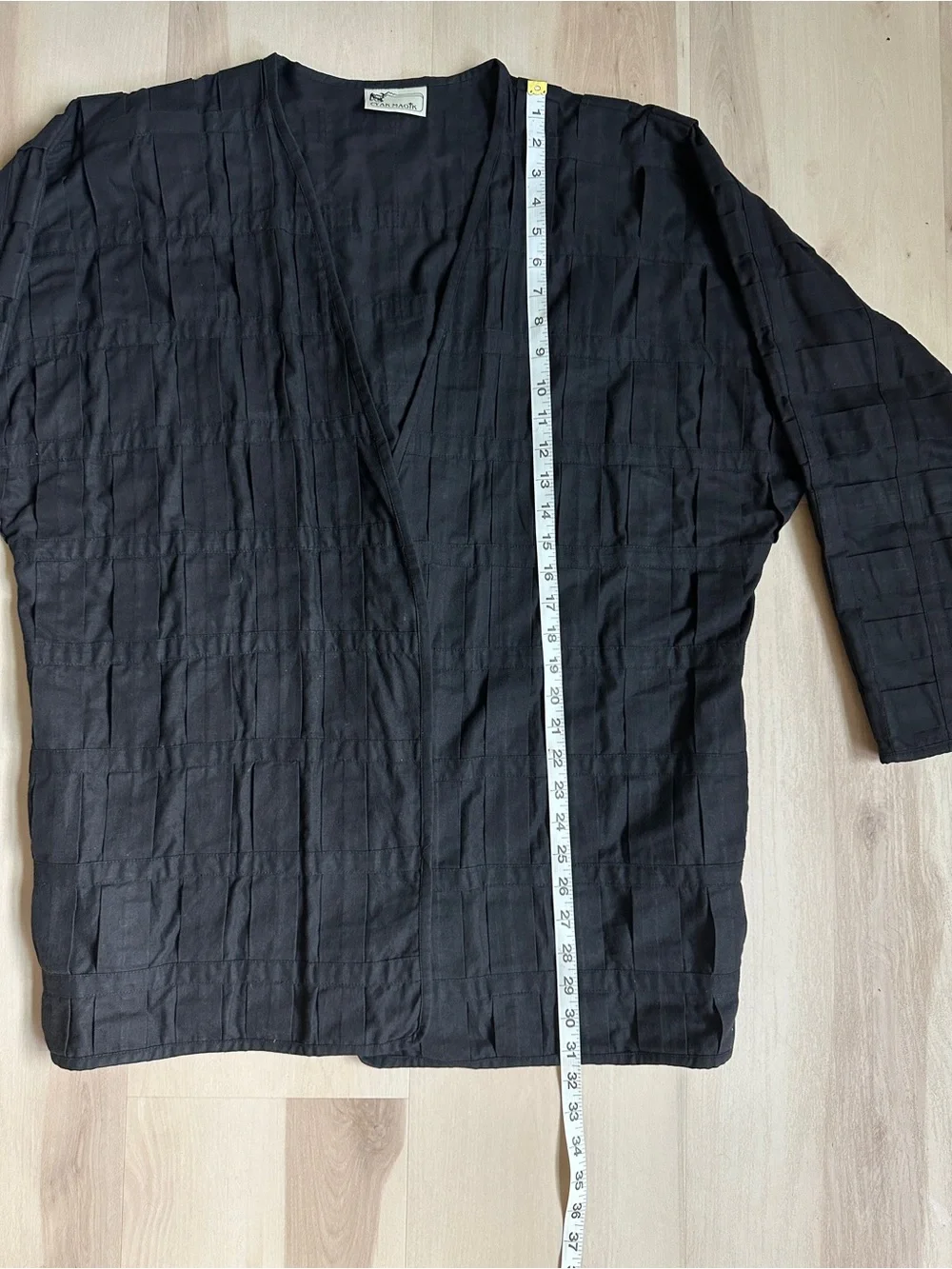 Yak Magik Vintage Black Cotton Pleated Pintuck Open Front Cardigan Jacket Nepal